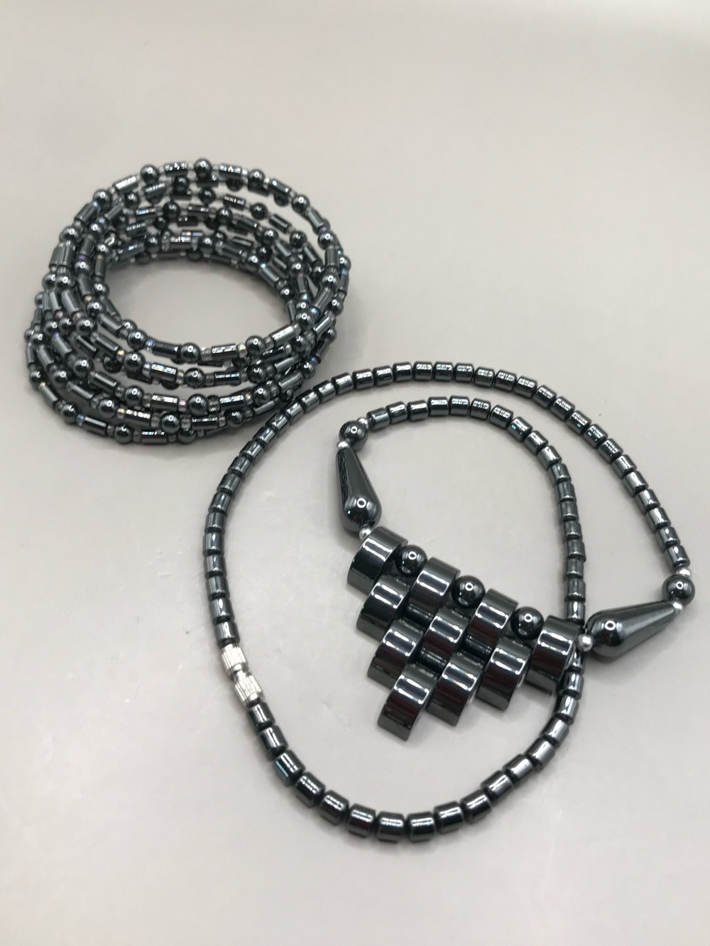 Hematite Geometric Bead Necklace & Bracelet in Gunmetal - Picture 6 of 7
